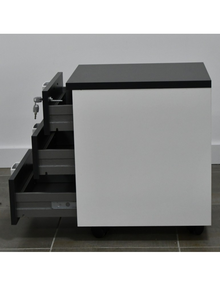 Caisson mobile mélaminé - Neuf - déclassé - Blanc / Anthracite- L 42 x H 60 x P 50 - 3 tiroirs