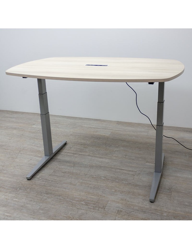 Table réunion Reconditionnée - Chêne / Gris clair - L 160  x P 110 cm - Réglable électrique en hauteur  68,5 / 125 cm