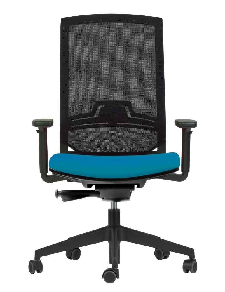 Fauteuil de travail - Keno H Optima - Neuf - Dossier résille noire / Assise tissus Turquoise - avec accoudoirs 2D
