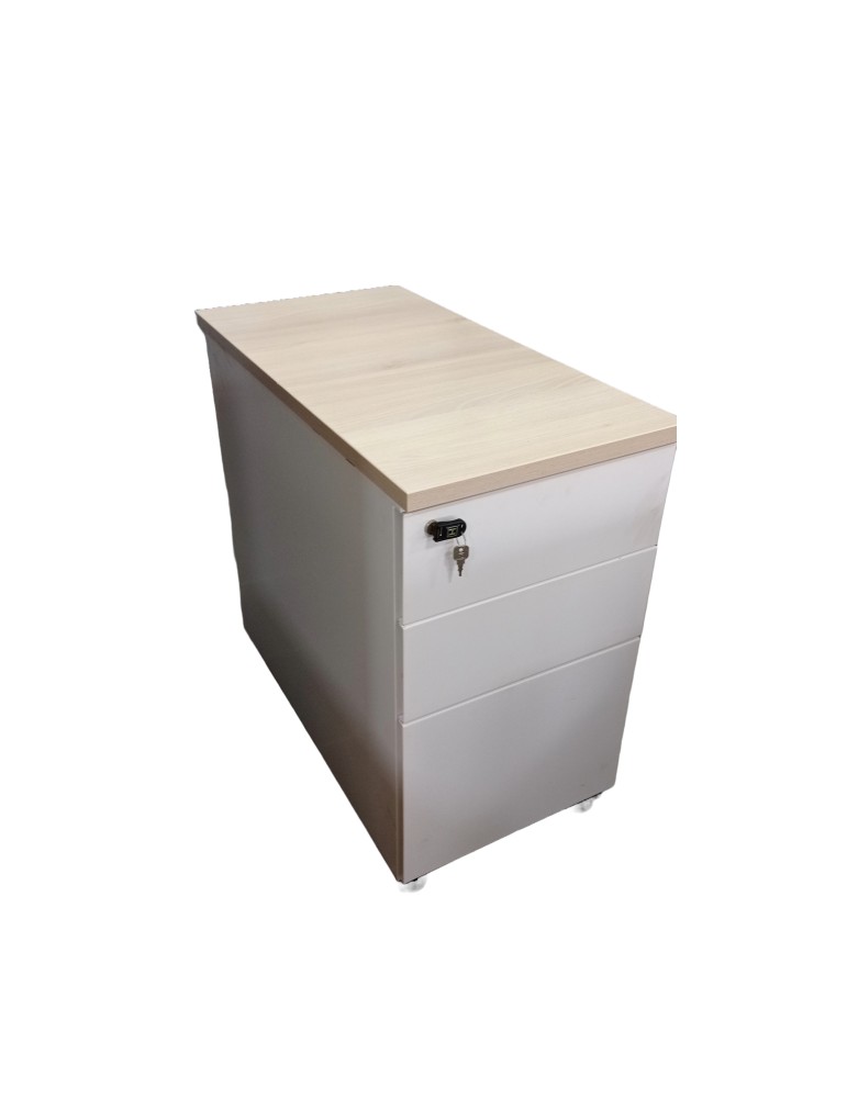 Caisson hauteur bureau métal - Reconditionné - Blanc / Acacia - L 42 x H 72 x P 80 - 3 tiroirs