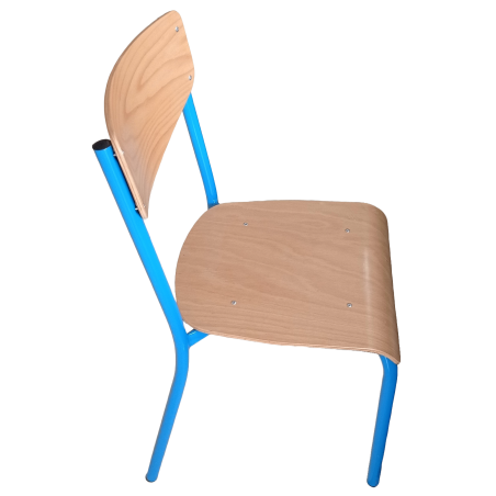 Chaise scolaire  - T6 - Dossier et assise finition Hêtre - Piètement simple 4 pieds finition bleu
